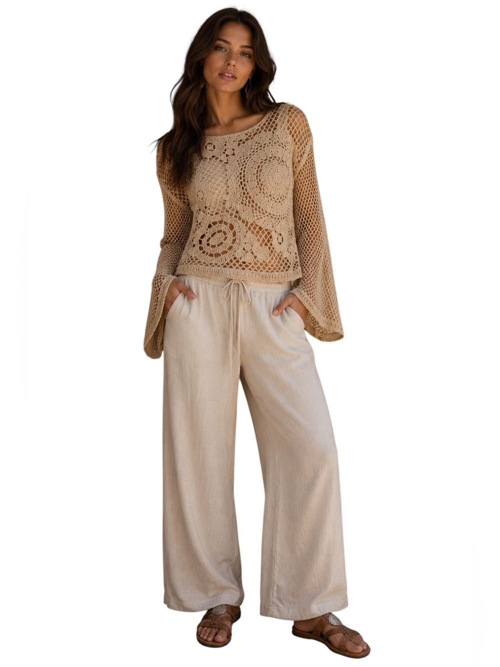NEW IN Brand Natural Beige Boho Bell Sleeve Crochet Knit Top - Picture 9 of 9